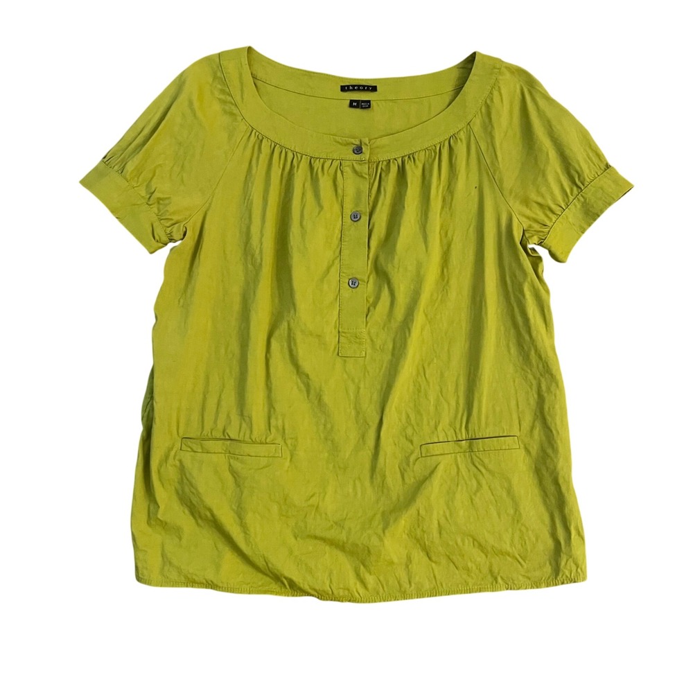 Theory Womens Chartreuse BLOUSE Size medium Lime Green Linen Blend Henley TOP